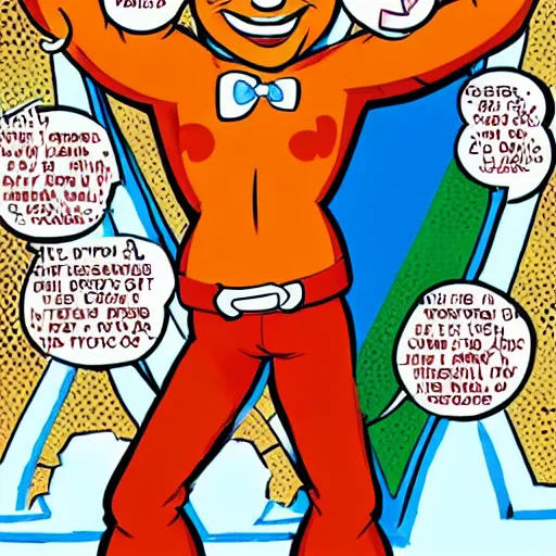 Prompt: dan decarlo art style, comic character, kind, friendly, orange hair, oval eyes, round face, freckles, thick eyebrows, archie andrews, smiling, art by dan decarlo, archie comics style, single character