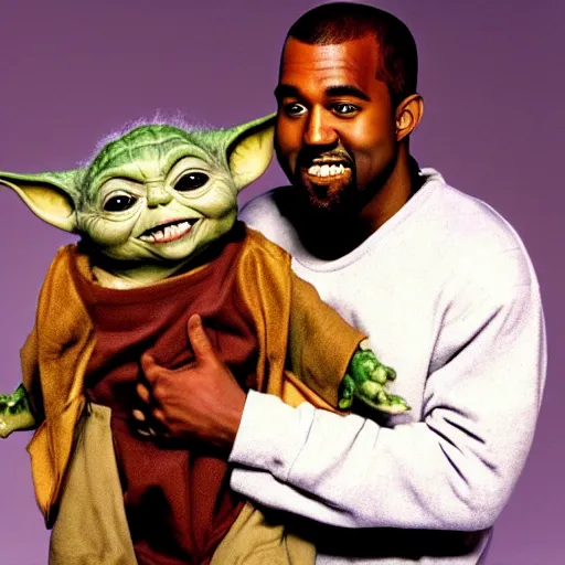 Image similar to kanye west smiling and holding holding yoda for a 1 9 9 0 s sitcom tv show, studio photograph, portrait c 1 2. 0