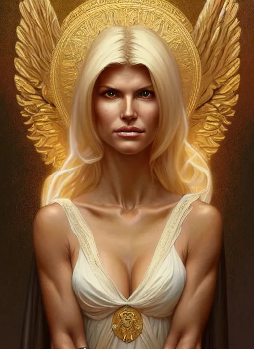 Image similar to portrait of victoria silvstedt as an angel, bible, katholic, intricate, headshot, highly detailed, digital painting, artstation, concept art, sharp focus, cinematic lighting, illustration, art by artgerm and greg rutkowski, alphonse mucha, cgsociety