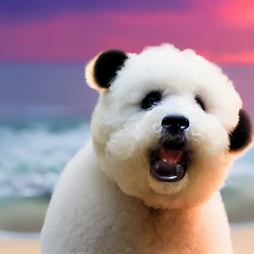 Prompt: a closeup photorealistic photograph of panda themed white bichon frise smiling on the beach at sunset. This 4K HD image is Trending on Artstation, featured on Behance, well-rendered, extra crisp, features intricate detail and the style of Unreal Engine.