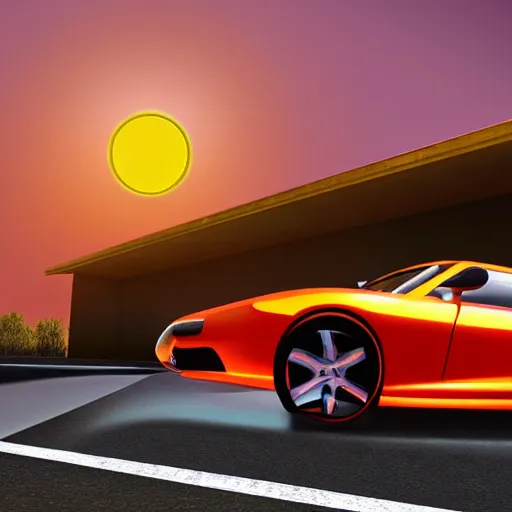 Image similar to a car is flying in front of a bright orange sun, a raytraced image by Mārtiņš Krūmiņš