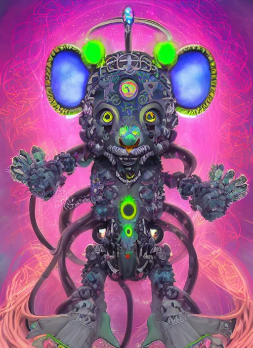 Image similar to a detailed digital art of a celtic knot oni demon koala mecha extraterrestrial wearing a raver outfit by lisa frank and cicely mary barker, taiyo matsumoto, myst, beeple, cgsociety, crisp, low angle shot