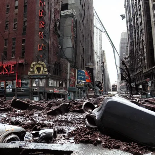 Image similar to tsunami of liquid chocolate on new york, post apocalyptic, cinematic ruin