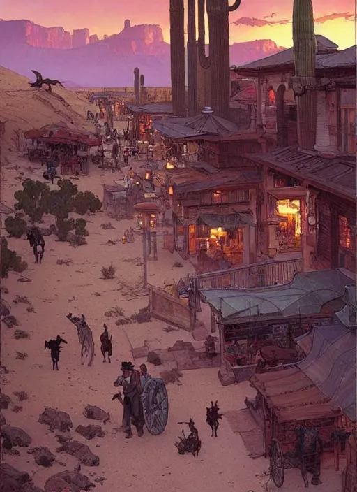 Image similar to beautiful commission of a desert western town. Atmospheric. Renowned scene illustration by greg rutkowski, thomas kindkade, alphonse mucha, loish, norman rockwell. detailed, inked, western comic book art