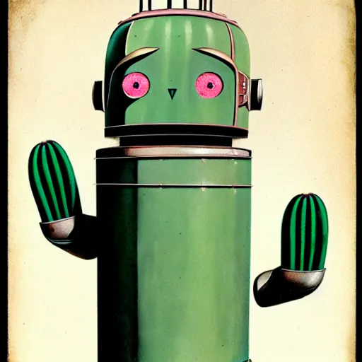 Image similar to medium shot 1950s retro cactus robot, Bionic Arms and eyes. muted colours. by Jean-Baptiste Monge