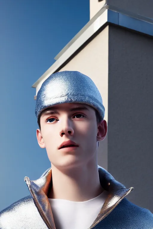 Image similar to un ultra high definition studio quality photographic art portrait of a young man standing on the rooftop of a british apartment building wearing soft padded silver pearlescent clothing. three point light. extremely detailed. golden ratio, ray tracing, volumetric light, shallow depth of field. set dressed.