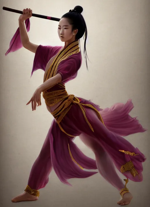 Image similar to full body portrait of a barefoot female dancer using a silk belt as weapon, barefoot, tanned skin, athletic, vivacious, hanfu, fully clothed, absurdly beautiful, chinese ribbon dance, silk belt, scorpion whip, wuxia, battle, detailed, anatomically accurate, fantasy illustration, drawn by wlop, artstation.