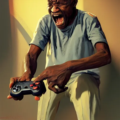 Prompt: An old african man raging and screaming and Television, holding a controller. Nice rimlight. By ilya kuvshinov, krenz cushart, Greg Rutkowski, trending on artstation. Sharp highlights, amazing textured brush strokes, accurate shape, cinematic soft, 8k, VFX, HDR, dramatic lighting, psychedelic colouring