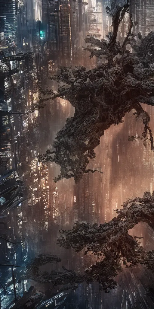 Image similar to an ancient tree destroying a dystopian city, cyberpunk, sharp focus, dynamic lights, still, photograph, hyper realistic, masterpiece, octane render, rendered, 3 d, cinematic, cinematic lighting, dramatic lighting, highly detailed, intricate details, texture, cinematic composition, wide shot, by donglu yu and kevin jick and eddie del rio