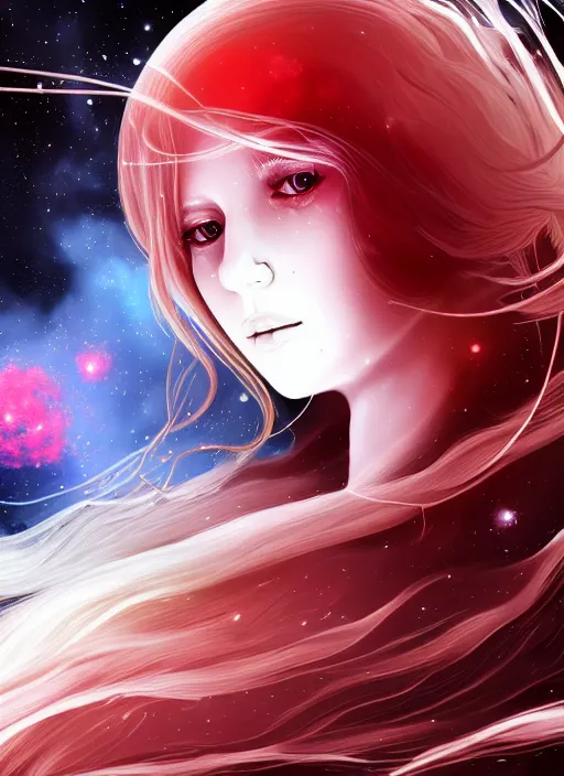 Prompt: highly detailed portrait of a hopeful pretty astronaut lady with a wavy blonde hair, by Andre Masson, 4k resolution, nier:automata inspired, bravely default inspired, vibrant but dreary but upflifting red, black and white color scheme!!! ((Space nebula background))