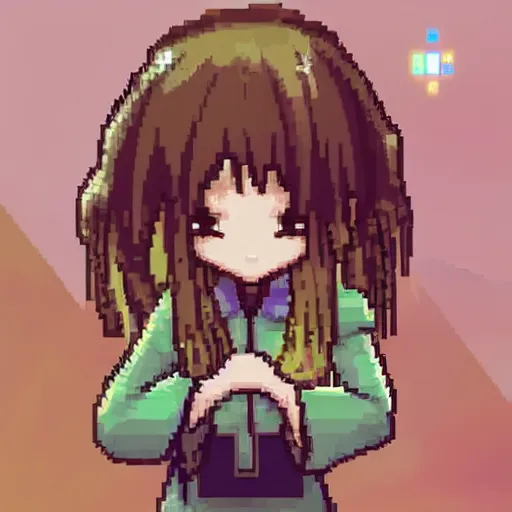 Prompt: isometric, pixel art, secret of mana style, from arknights, girl, brown jacket with long sleeves, brown hair, hair down, pigtails hair, green eyes, clean background