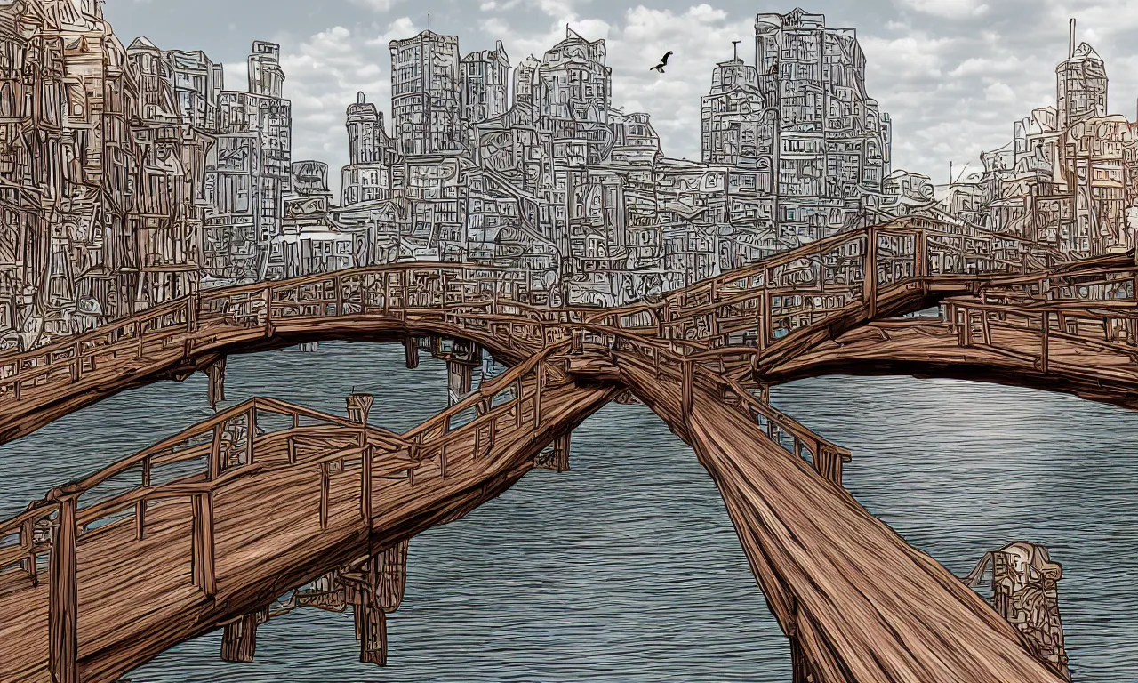 Prompt: wooden bridge, twiddle a twoddle, busy cityscape, digital art, 3 d illustration