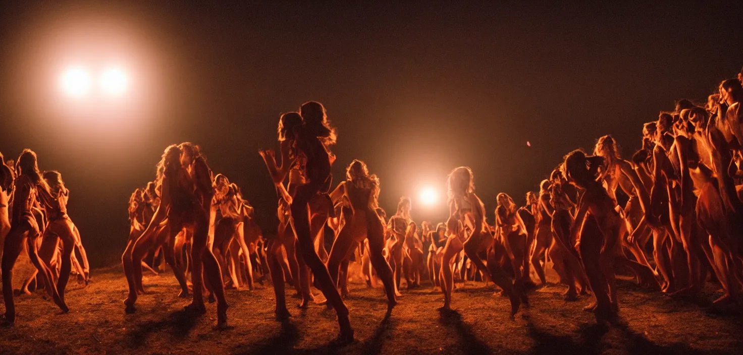 Prompt: a very high resolution image from a new movie. a full moon in the mountains while young women dance in ecstasy in the firelight at the satanic ritual, 2 4 mm, photorealistic, photography, night directed by wes anderson