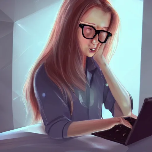 Lexica - Anime screenshot joyful girl with brown short hair and glasses  stay in a desk with a computer, cyberpunk room landscape on the background,  d...