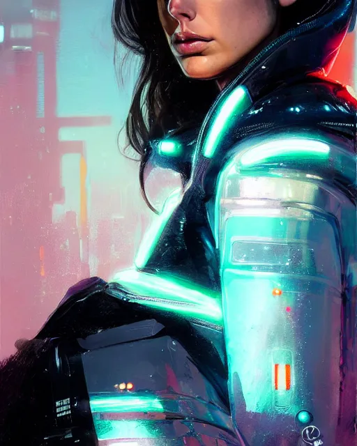 Image similar to detailed side profile portrait Gal Gadot, cyberpunk futuristic neon, reflective puffy coat, decorated with traditional Japanese ornaments by Ismail inceoglu dragan bibin hans thoma greg rutkowski Alexandros Pyromallis Nekro Rene Maritte Illustrated, Perfect face, fine details, realistic shaded, fine-face, pretty face