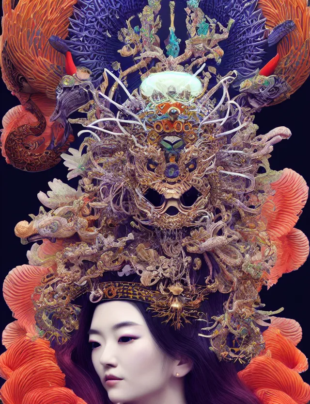 Image similar to 3 d goddess close - up profile portrait with crown, ram skull. beautiful intricately detailed japanese crow kitsune mask and clasical japanese kimono. betta fish, jellyfish phoenix, bio luminescent, plasma, ice, water, wind, creature, artwork by tooth wu and wlop and beeple and greg rutkowski