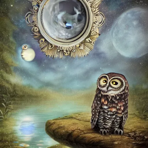 Image similar to A lunar sage with his magical owls looking out into the reflections of all of time 4k photorealism HD surrealism