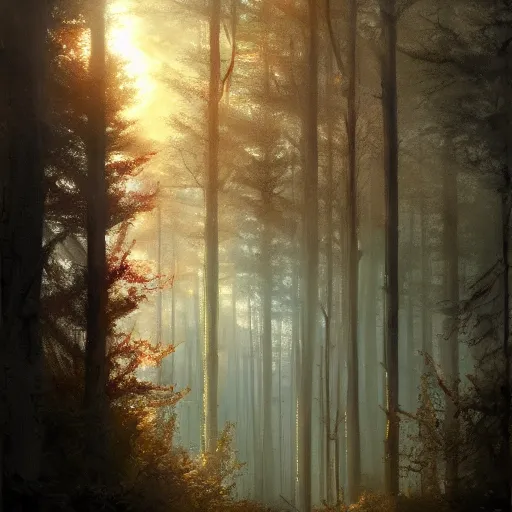 Image similar to windowview, beautiful forest, sunset, high detail, dramatic light, sunrays, digital art, dark, painted by seb mckinnon and greg rutkowski, trending on artstation