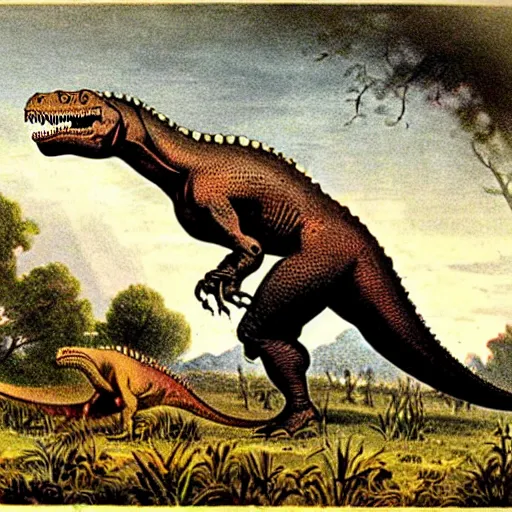 Prompt: antique lithograph from 1 9 0 0 of mr t as. tyrannosaurus rex hunting in a field