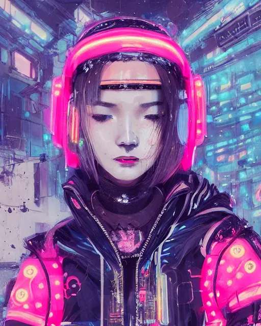 Image similar to detailed portrait Neon Operator Girl, cyberpunk futuristic neon, reflective puffer jacket, black leggings, decorated with traditional Japanese ornaments by Ismail inceoglu dragan bibin hans thoma !dream detailed portrait Neon Operator Girl, cyberpunk futuristic neon, reflective puffy coat, decorated with traditional Japanese ornaments by Ismail inceoglu dragan bibin hans thoma greg rutkowski Alexandros Pyromallis Nekro Rene Maritte Illustrated, Perfect face, fine details, realistic shaded, fine-face, pretty face