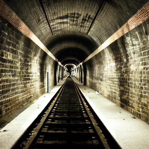 Prompt: dark partially flooded subway tunnel, eerie, creepy, spooky, liminal, liminal space, surreal,
