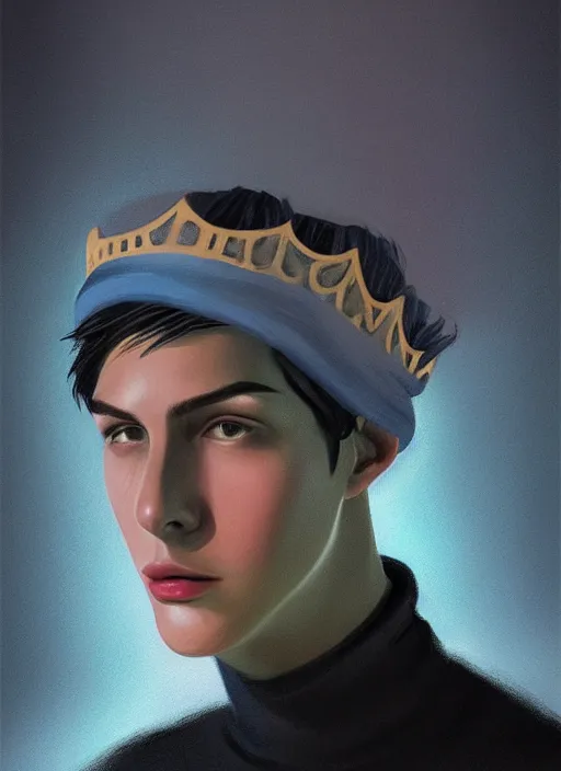 Image similar to portrait of teenage jughead jones wearing a light grey crown, crown, blue turtleneck, 1 9 5 0 s, closed eyes, photorealistic, black hair, glowing lighting, intricate, elegant, glowing lights, highly detailed, digital painting, artstation, concept art, smooth, sharp focus, illustration, art by wlop, mars ravelo and greg rutkowski