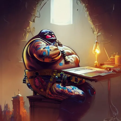 Image similar to a insanely detailed painting of a fat masked superhero wearing a costume sitting at a desk, staring at the nervously at the computer typing, in the style of peter mohrbacher, dramatic lighting and composition, trending on artstation, concept art, comic book