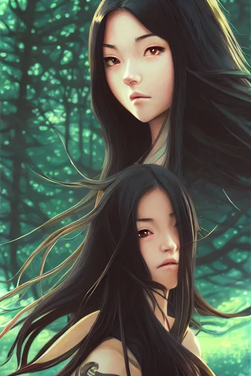 Image similar to a beautiful girl with long dark hair, wearing a ninja uniform, forest background, intricate, highly detailed, digital painting, artstation, official media, anime key visual, concept art, rich vivid colors, ambient lighting, sharp focus, illustration, art by Artgerm, Makoto Shinkai, Ilya Kuvshinov, Lois Van Baarle, and Rossdraws