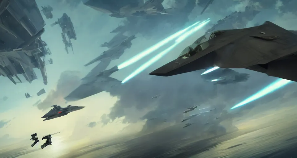 Image similar to An INTENSE future style aerial DOGFIGHT, combat over the ocean, Battle, futuristic F-22 Raptor, rendered by simon stålenhag, rendered by Beeple, Makoto Shinkai, syd meade, environment concept, digital art, gundam style, starwars, unreal engine, 3 point perspective, WLOP, trending on artstation, low level, 4K UHD image, octane render,