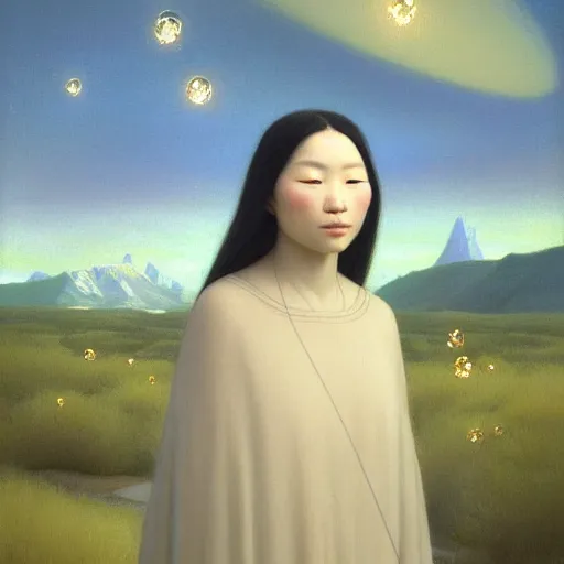 Prompt: a ultradetailed beautiful painting of a european inuit woman in the park by hsiao ron cheng, ngai victo, nivanh chanthara jean delville wlop and dougherty patrick, trending onv artstation, alaska, light sparkles, major arcana sky, sharp focus, soft light