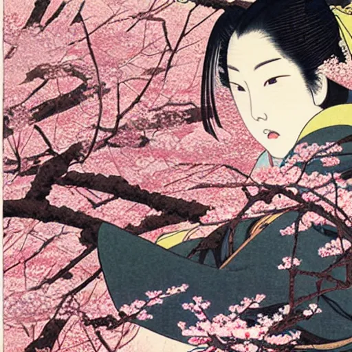 Image similar to japanese edo period woodblock print of a girl laying underneath pink blossoming cherry trees in the background, art by greg rutkowski and yoji shinkawa and akira toriyama