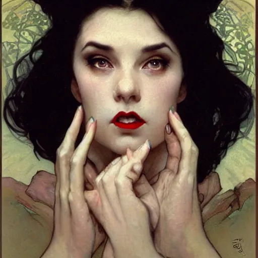Prompt: portrait of a very beautiful vampire by Stanley Artgerm Lau , greg rutkowski, thomas kindkade, alphonse mucha, loish, norman rockwell, J. C. Leyendecker. dark black hair, pale skin, detailed eyes, red lips, cracks around the eyes and mouth. Trending on artstation rule of thirds extremely detailed 1800s oil painting hd 4k