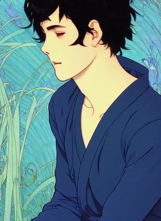 Image similar to handsome young man with short black hair, male, dressed in blue, half body shot, arms down, path traced, highly detailed, high quality, digital painting, by studio ghibli and alphonse mucha, leesha hannigan, hidari, art nouveau, chiho aoshima, posuka demizu, atey ghailan, artgerm, ayami kojima