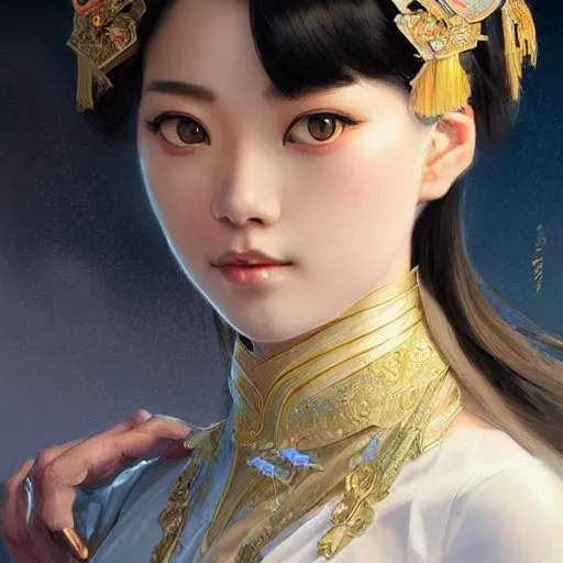 Image similar to 'elegant Chinese princess, D&D, blue eyes, black hair, fantasy, intricate, elegant, highly detailed, digital painting, artstation, concept art, smooth, sharp focus, illustration, art by artgerm and greg rutkowski and alphonse mucha'