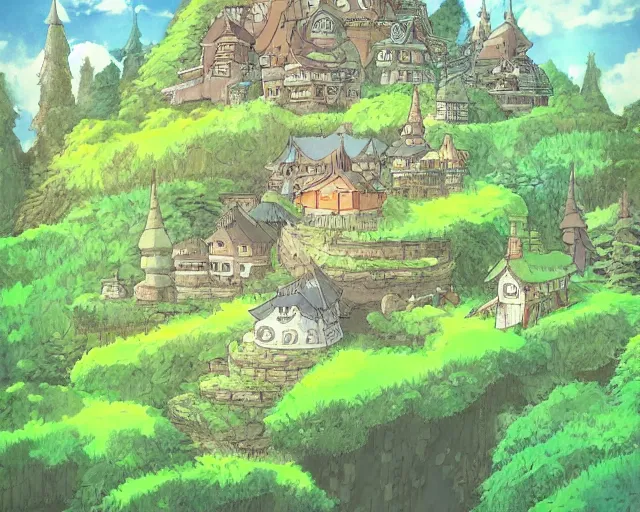 Prompt: mountain overseeing fantasy village next to a forest, studio ghibli style, hayao miyazaki, award winning photograph, highly detailed, artstation