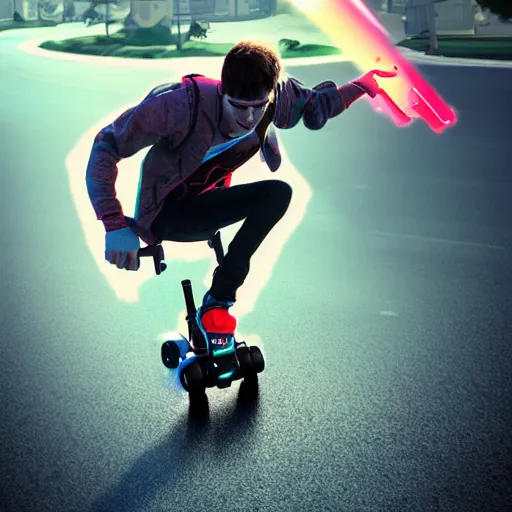 Prompt: a human guy on an hoverboard firing a railgun while driving on a rail artstation contest winner, digital art, colorful, cool colors, realistic style, concept art