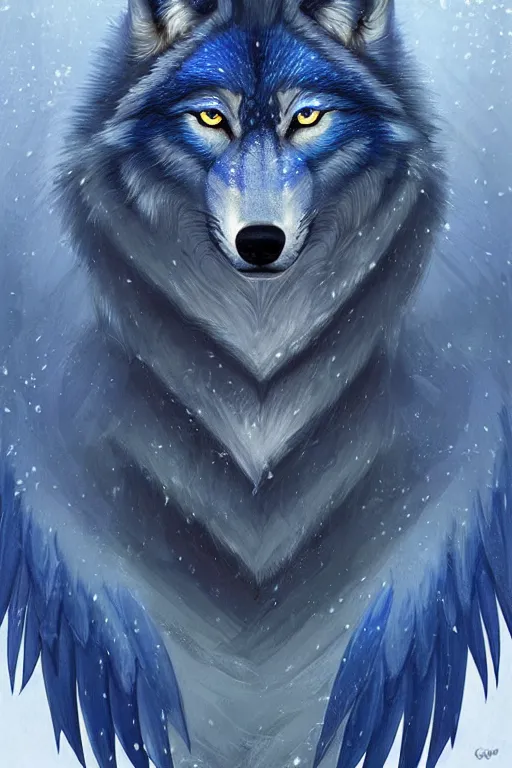 Image similar to blue wolf with wings, facing front, regal, elegant, winter, snow, beautiful, stunning, hd, illustration, epic, d & d, fantasy, intricate, elegant, highly detailed, digital painting, artstation, concept art, smooth, sharp focus, illustration, wallpaper, art by artgerm and greg rutkowski and alphonse mucha and jin xiaodi