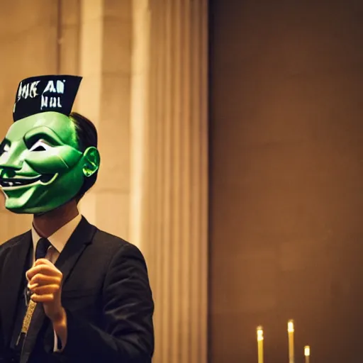 Prompt: man wearing guy fawkes mask at lectern speaking to university hall, photo, cinematic lighting