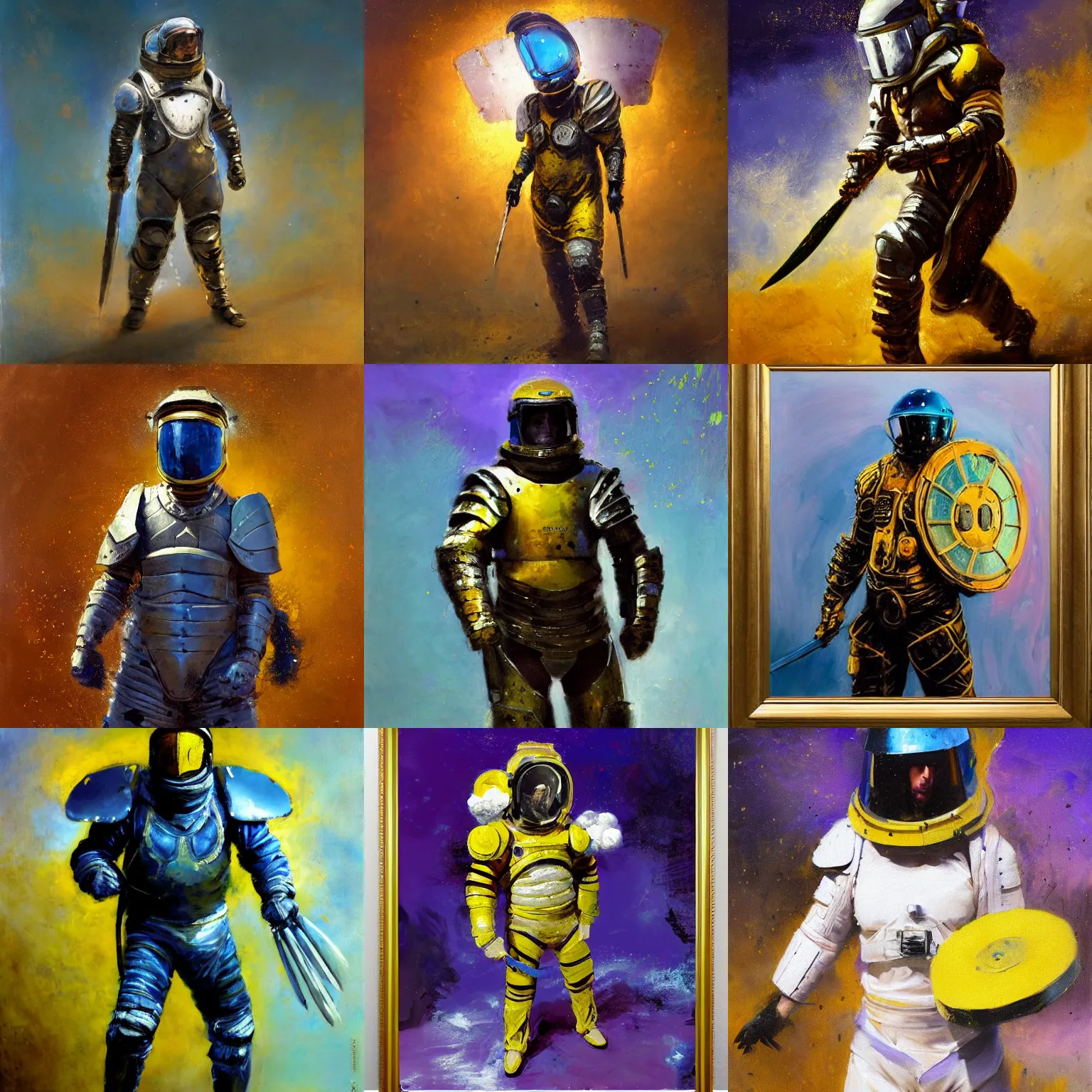 Prompt: gladiator wearing space suit, riot shield and gladius, luminist style, tonalism, dramatic lighting, action scene, palette knife, frenetic brushwork, figurative art, detailed, proportions, spatter, dust, atmospheric, volumetric lighting, dioaxizine purple, cerulean blue, and yellow ochre