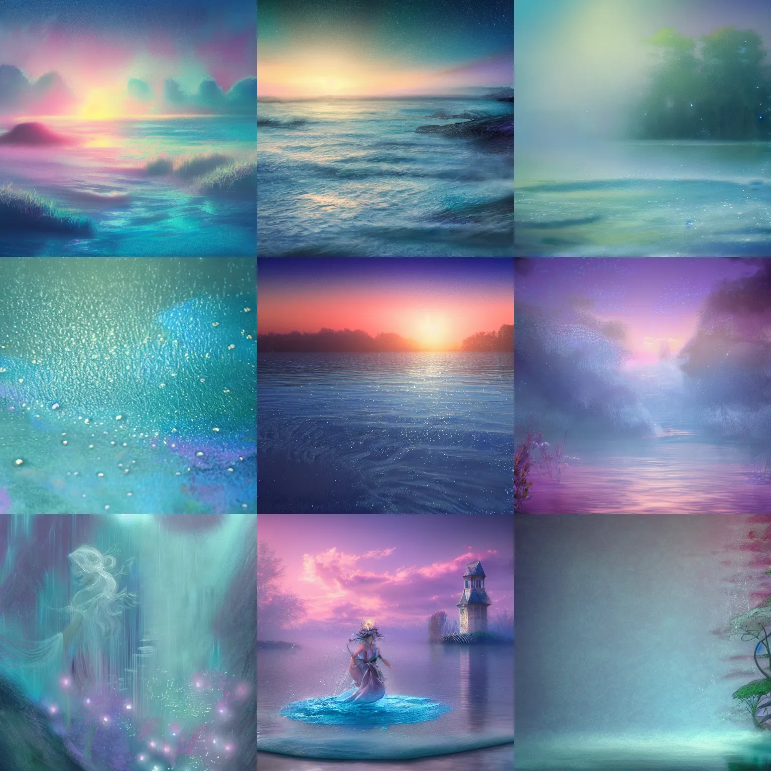 Prompt: closeup fantasy with water magic, at gentle dawn blue light, in a pastel dreamstate art style