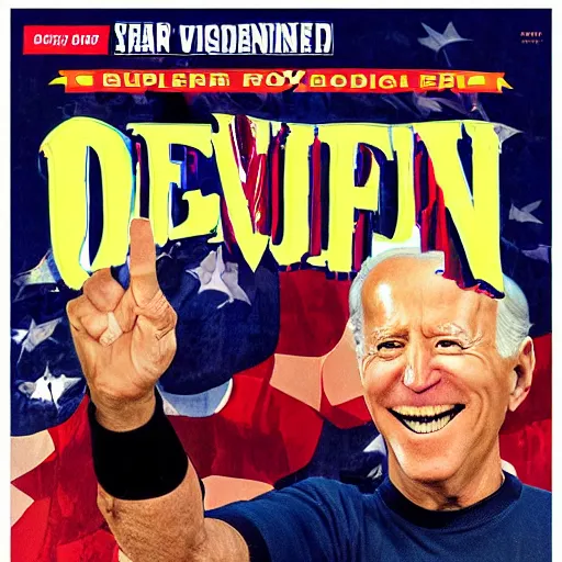 Image similar to Super Evil Joe Biden laughin, cover art by Stephen Bliss, Boxart