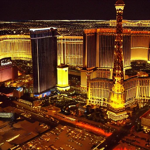 Image similar to The Las Vegas strip at night from above, by Caravaggio