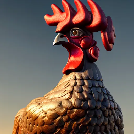 Prompt: a portrait of monumental muscular rooster antique statue in vr helmet, black rock statue material, studio light, hasselblad photo, 8 k resolution, octane render, character design, digital art