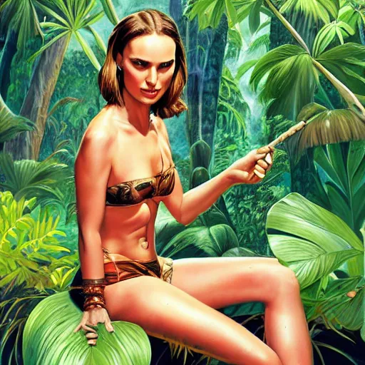 Prompt: Natalie Portman sitting in a jungle, joe Jusko, artstation, 8k photo, frank Frazetta, digital art