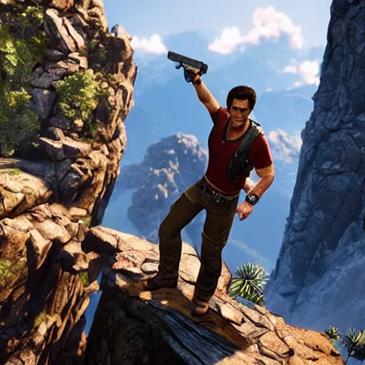 Prompt: will ferrell stars as nathan drake in the playstation 4 video game uncharted, detailed beautiful screenshot