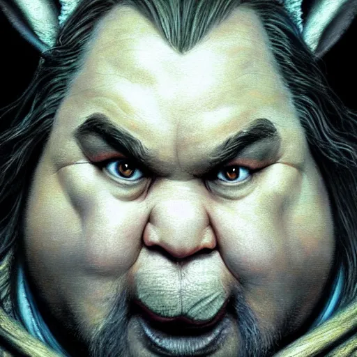 Image similar to hyper realistic, lord of the rings, close up portrait of a mega derpy john candy, big chungus, with bunny ears, stoned, by greg rutkowski, scott m fischer, artgerm, loish, slight glow, atmospheric, anne stokes, alexandros pyromallis