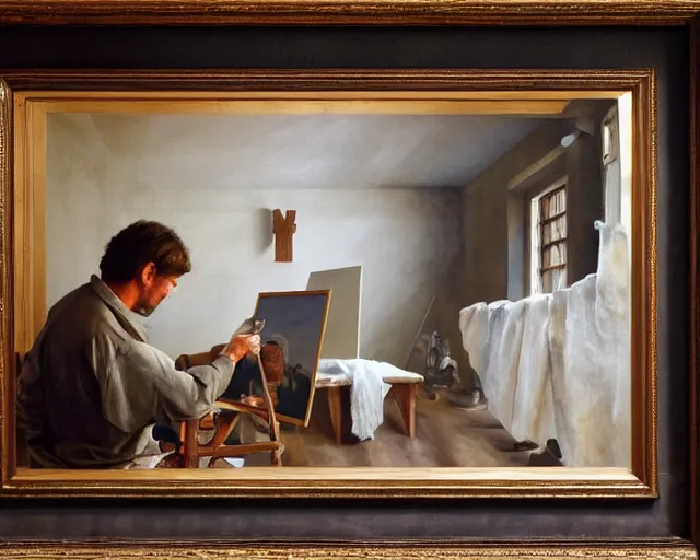Prompt: a painter in his studio painting a picture of an emojis - key lighting, soft lights, foggy, by steve hanks, by lisa yuskavage, by serov valentin, by tarkovsky, 8 k render, detailed, oil on canvas