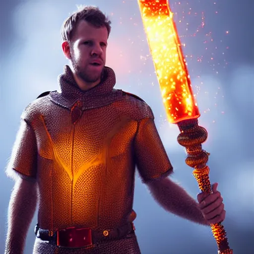 Prompt: Sebastian Vettel wearing a chainmail tunic holding a glowing fire magical staff. Trending on Artstation, octane render, ultra detailed, art by Ross tran