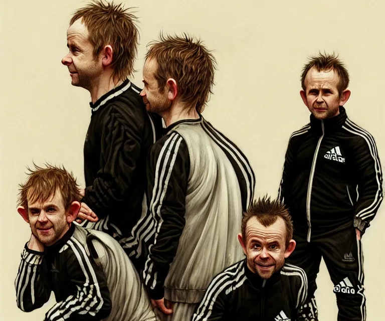 Image similar to a detailed 5 0 mm portrait of dominic monaghan and billy boyd as hobbits squatting slavs in black adidas track suits with white stripes down the leg, caricature, highly detailed, digital painting, artstation, concept art, sharp focus, cinematic lighting, illustration, art by met mangindaan, artgerm and greg rutkowski, alphonse mucha, cgsociety