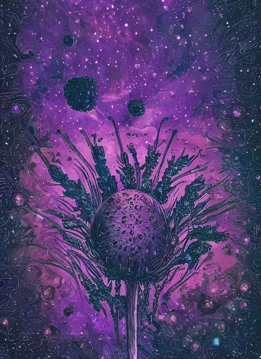 Image similar to detailed, intricate blue black and purple papaverum flower on the field, nebula, galaxy in the sky, winning award masterpiece, fantastically beautiful, illustration, aestheticly inspired dan mumford, upscale with anguissola sofonisba work, artstation, 8 k